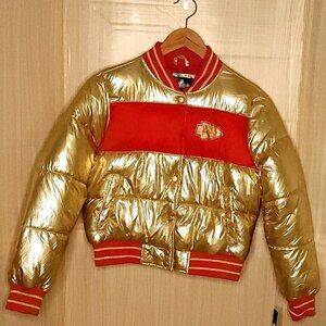 GIII For Her Kansas City Chiefs Womens New Metallic Gold Red Puffer Jacket Small